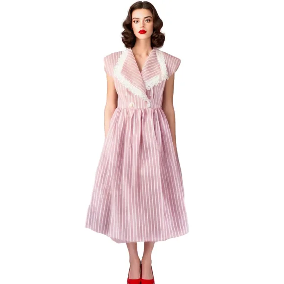 VINTAGE Red & White Stripe Midi Wrap Dress with Lace Collar Summer Dress Made US - Picture 1 of 8